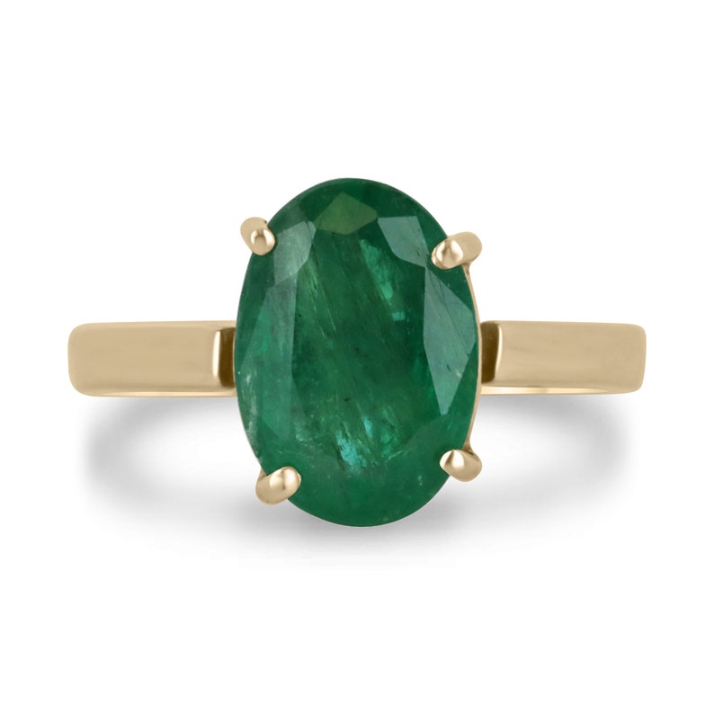 2.98ct 14K Oval Cut Forest Green Emerald 4 Prong Solitaire Right Hand Ring