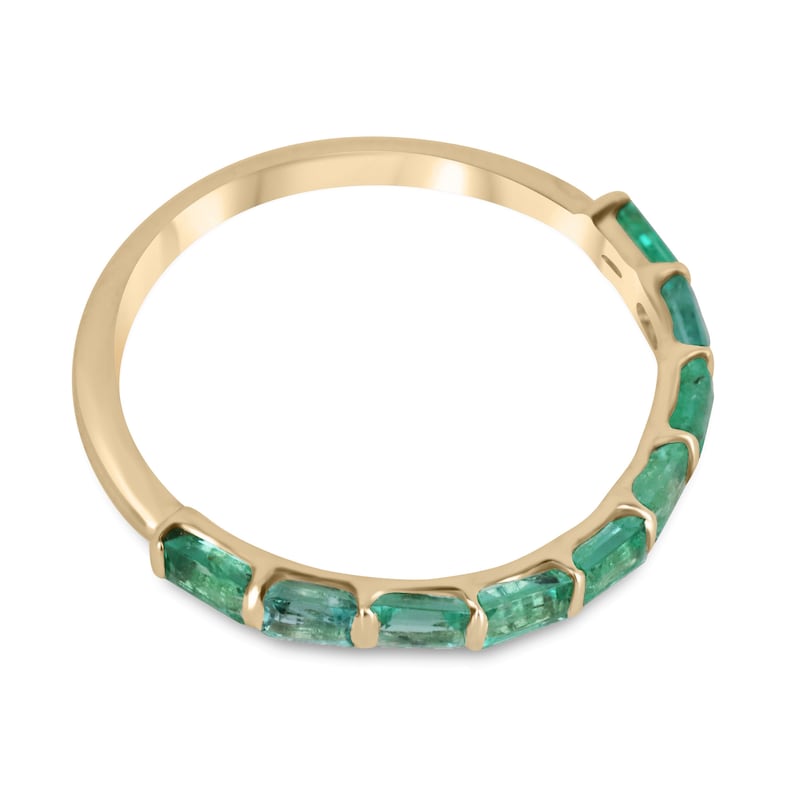 Medium Spring Green 14K Gold Ring featuring Baguette Cut Emeralds - 0.90tcw Engagement Band