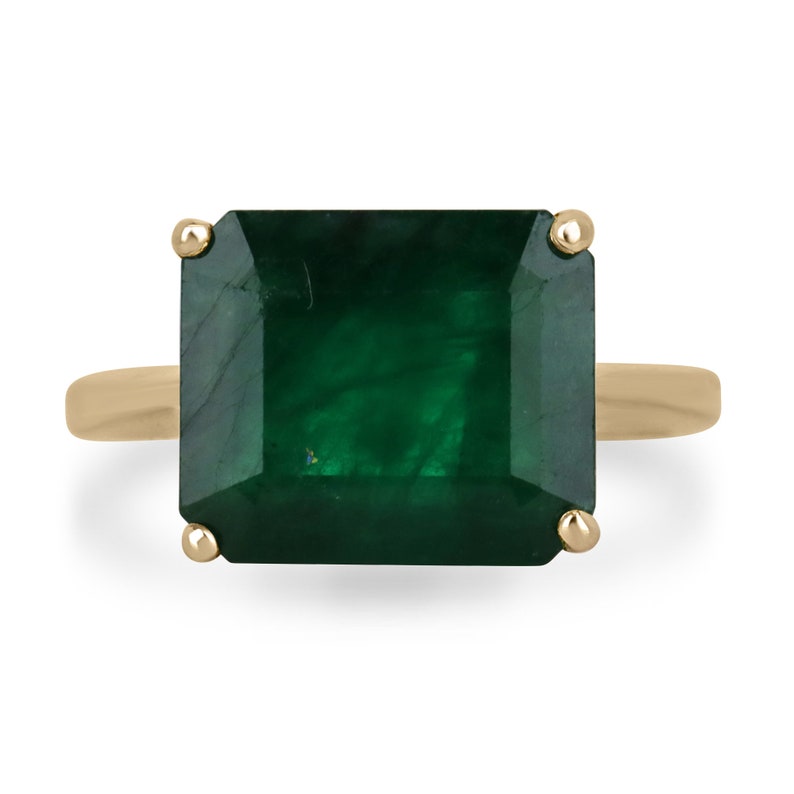 14K Gold Solitaire Engagement Ring with 6.28ct Emerald Cut Dark Green Gem