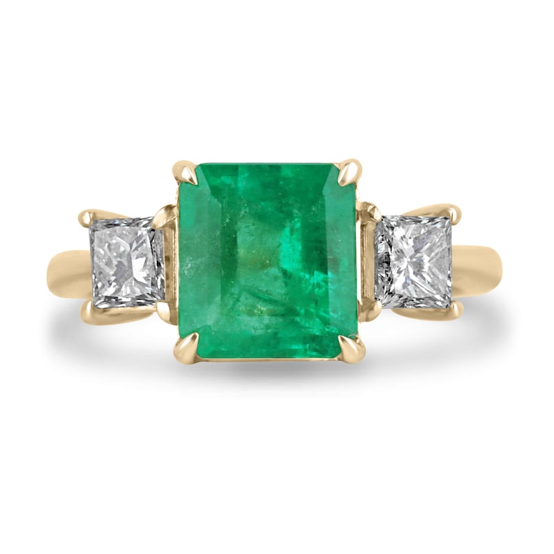 2.60tcw 14K Gold Emerald & Princess Cut Diamond 3 Stone Ring