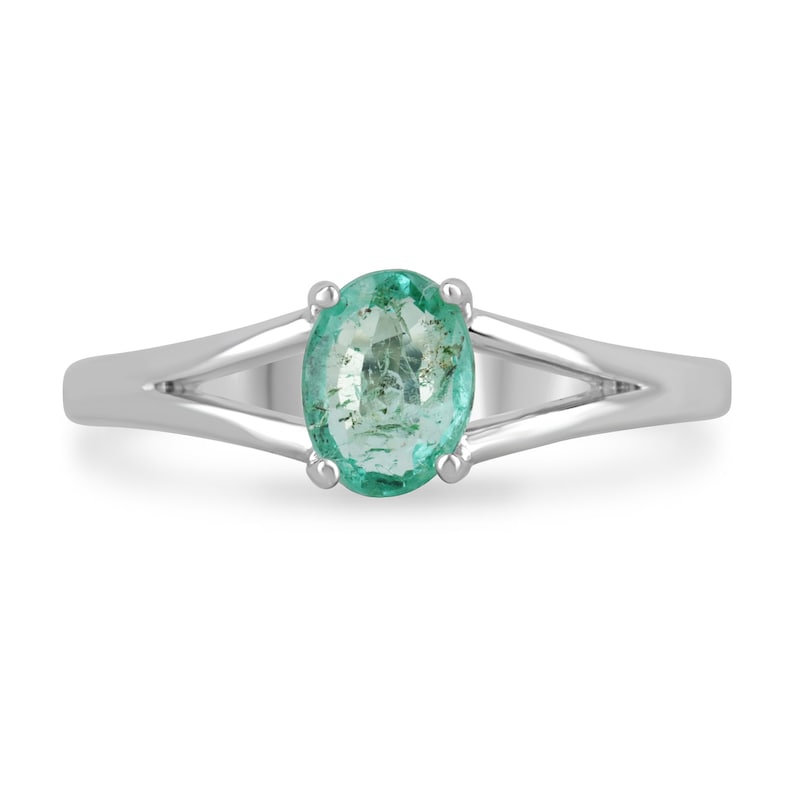 0.70 Carat Genuine Oval Emerald Sterling Silver Ring in Fresh Spring Green Hue with Split Shank