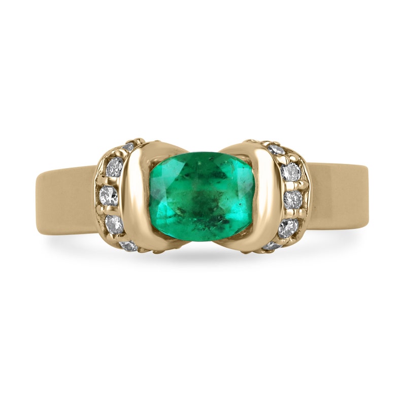 1.27tcw 14K Gold Oval Cut Medium Rich Dark Green Emerald & Diamond Buckle Accent Statement Ring