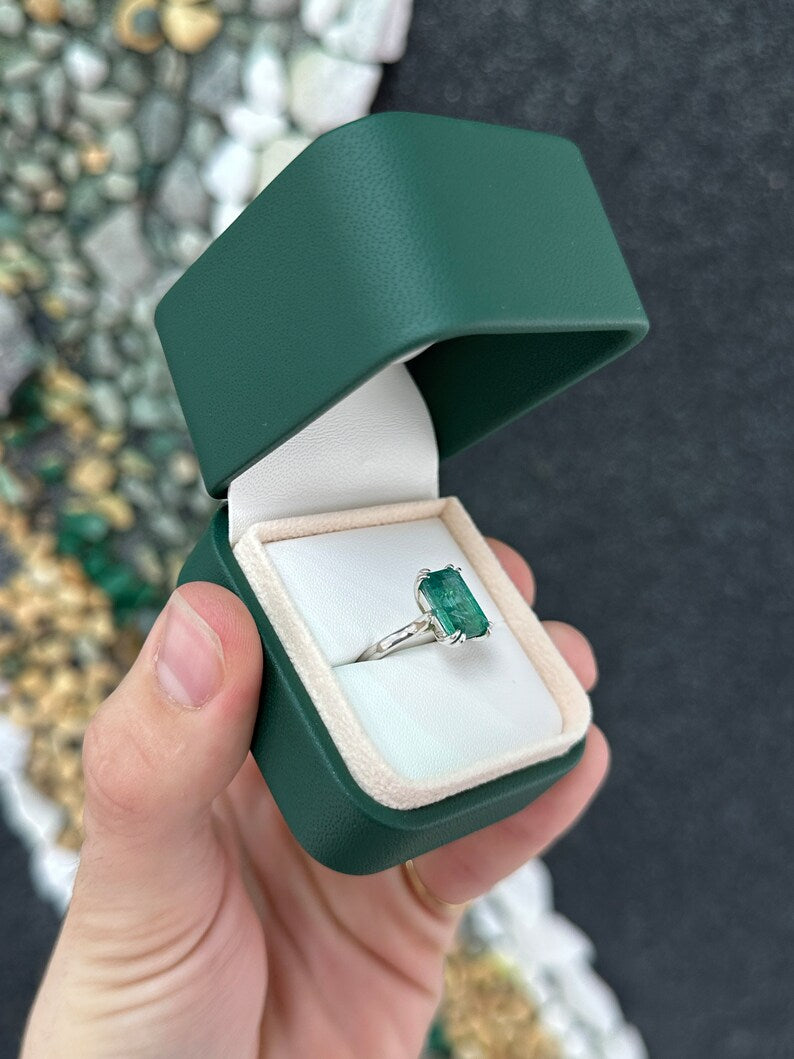 3.95ct 14K Gold Lush Dark Green Emerald Cut Double Claw Prong Sterling Silver Solitaire Ring