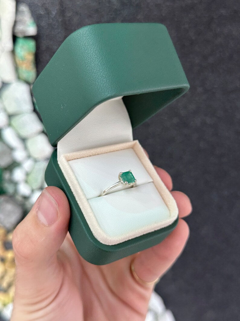 1.05ct SS Asscher Cut Lush Medium Green 4 Prong Emerald Sterling Silver Ring - JR Colombian Emeralds