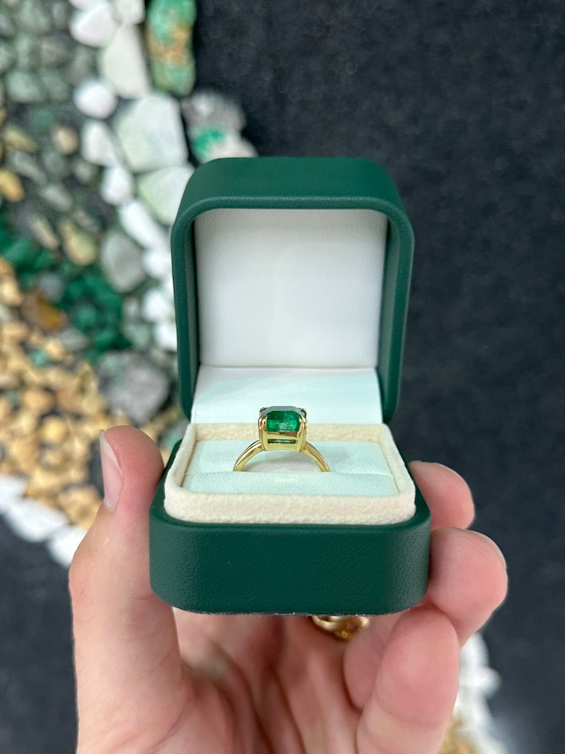 4.20ct 18K Gold AAA Quality Asscher Cut Double Claw Prong Emerald Solitaire Ring - JR Colombian Emeralds