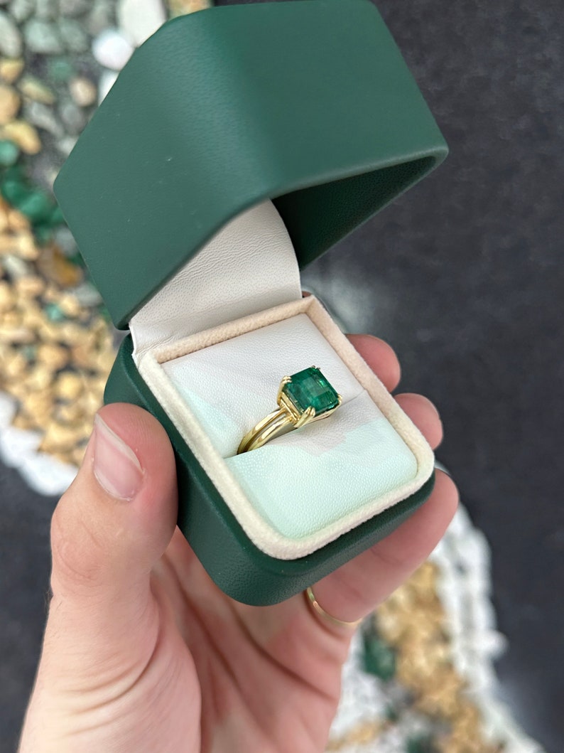 4.20ct 18K Gold AAA Quality Asscher Cut Double Claw Prong Emerald Solitaire Ring - JR Colombian Emeralds