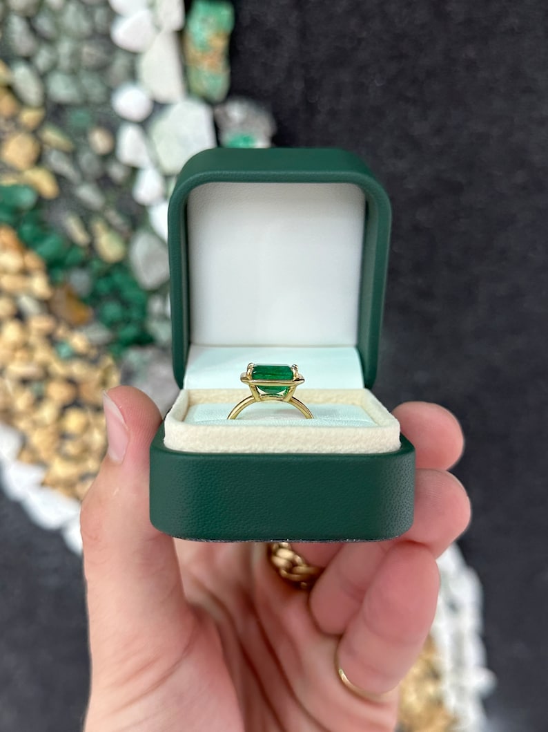 3.92ct 18K Gold Forest Green East to West Four Prong Emerald Solitaire Ring