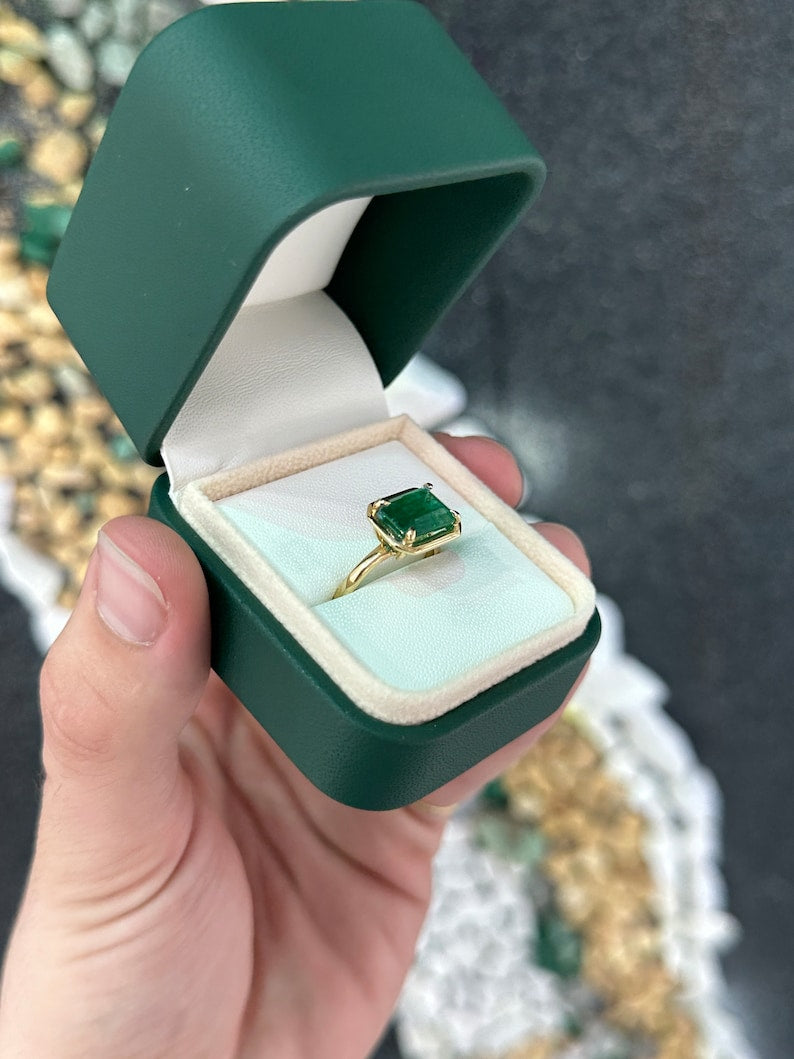 3.92ct 18K Gold Forest Green East to West Four Prong Emerald Solitaire Ring - JR Colombian Emeralds