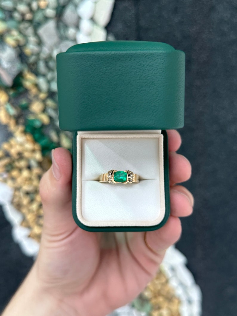 1.27tcw 14K Gold Oval Cut Medium Rich Dark Green Emerald & Diamond Buckle Accent Statement Ring - JR Colombian Emeralds