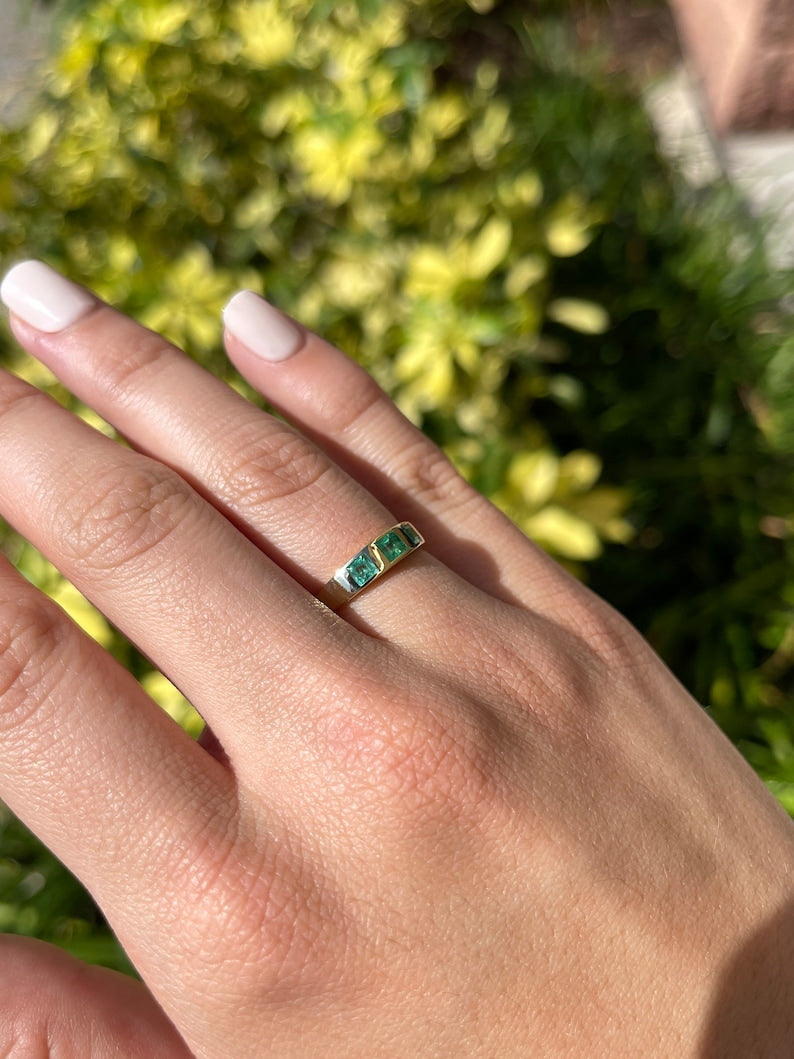 Eternal Elegance: 0.60tcw Asscher Cut Natural May Emerald 3 Stone Birthday Ring in 14K Gold