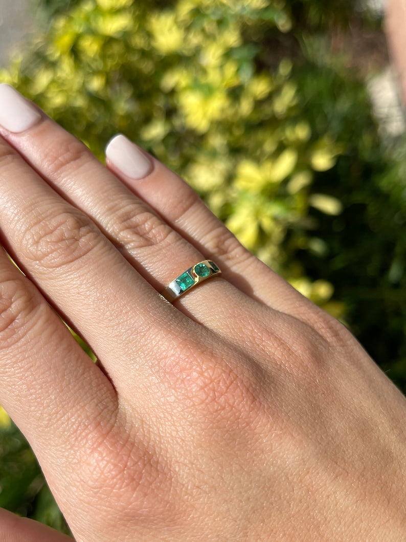 Eternal Elegance: 0.60tcw Round & Asscher Cut May Emerald 3 Stone Stackable Ring in 14K Gold