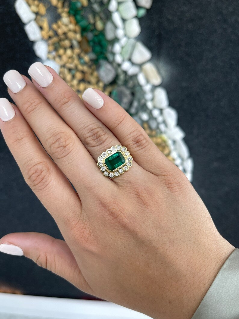 5.45tcw 18K Gold AAA+ Earth Mined Emerald & Diamond Accent Floral Statement Ring - JR Colombian Emeralds