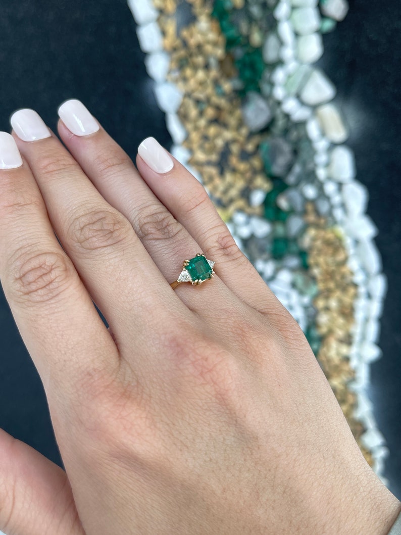 2.38tcw 14K Gold Dark Green Trillion Asscher Cut Double Prong Earth Mined Emerald & Diamond 3 Stone Ring - JR Colombian Emeralds