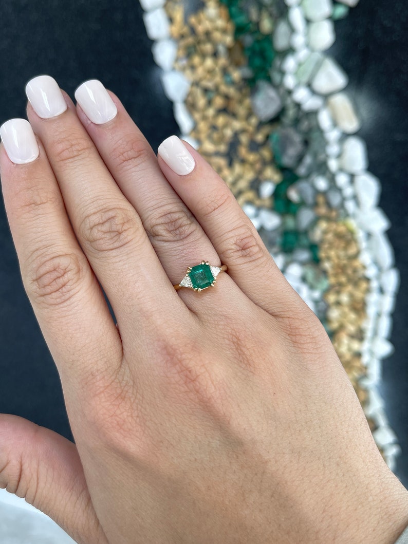 2.38tcw 14K Gold Dark Green Trillion Asscher Cut Double Prong Earth Mined Emerald & Diamond 3 Stone Ring - JR Colombian Emeralds