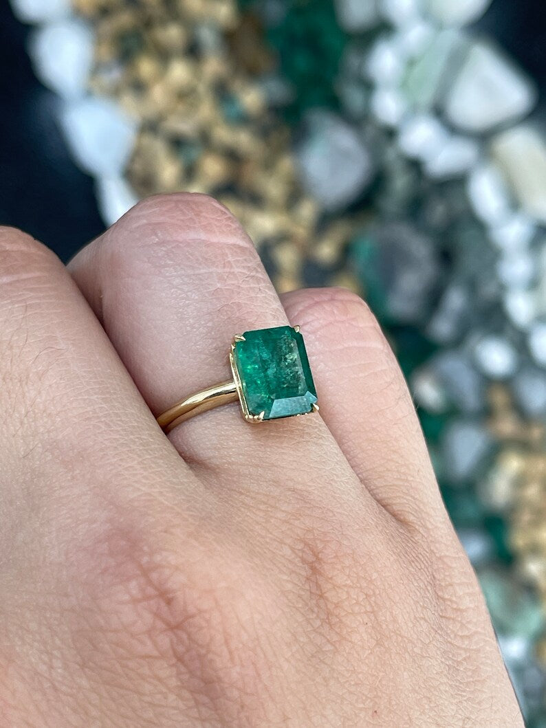 4.08ct 14K Gold Rich Green Emerald Cut Solitaire 4 Prong Engagement Ring - JR Colombian Emeralds