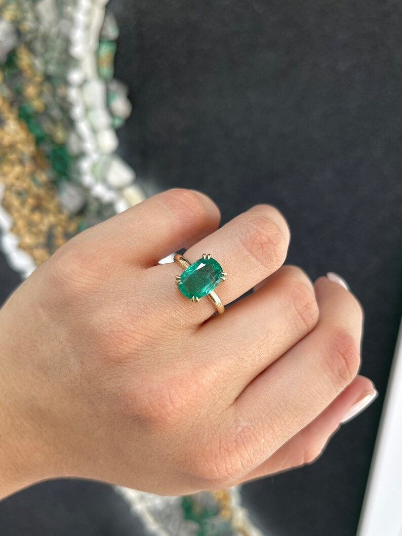 3.89ct 14K Gold Elongated Cushion Cut Emerald Solitaire Right Hand Ring