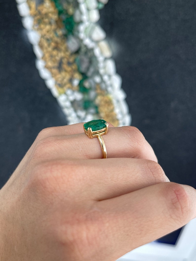 3.89ct 14K Gold Elongated Cushion Cut Emerald Solitaire Right Hand Ring