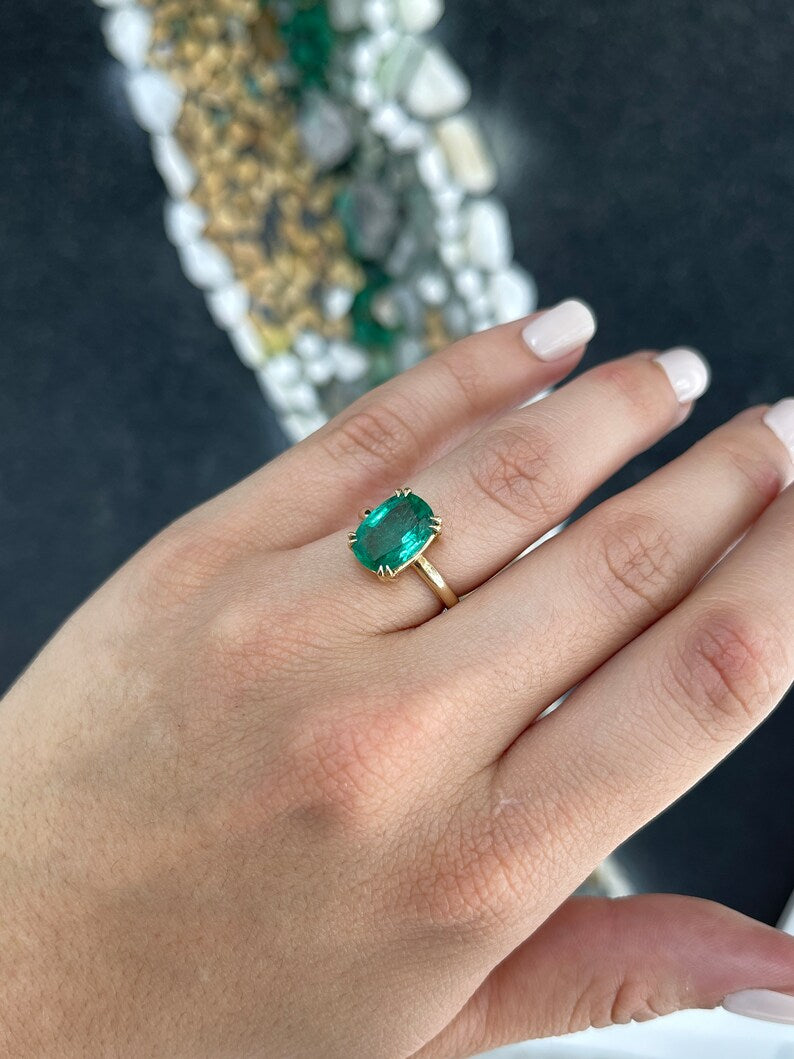 3.89ct 14K Gold Elongated Cushion Cut Emerald Solitaire Right Hand Ring - JR Colombian Emeralds