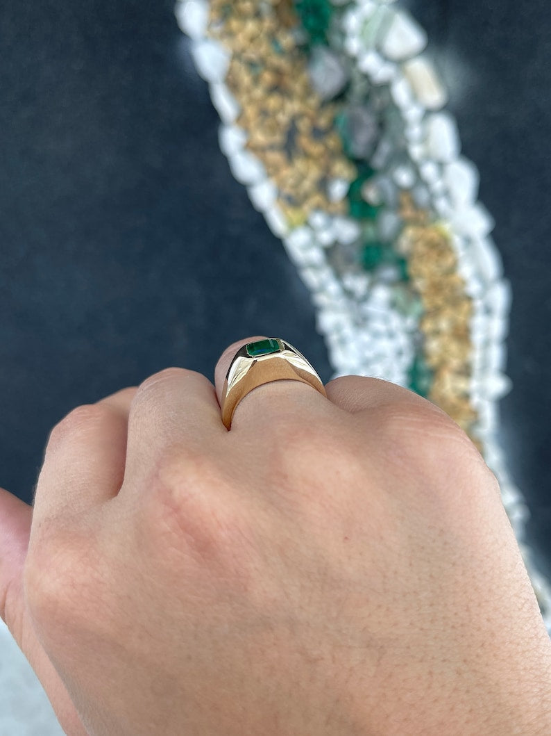 1.17ct 14K Deep Alpine Green Asscher Cut Unisex Emerald Solitaire Men's Ring