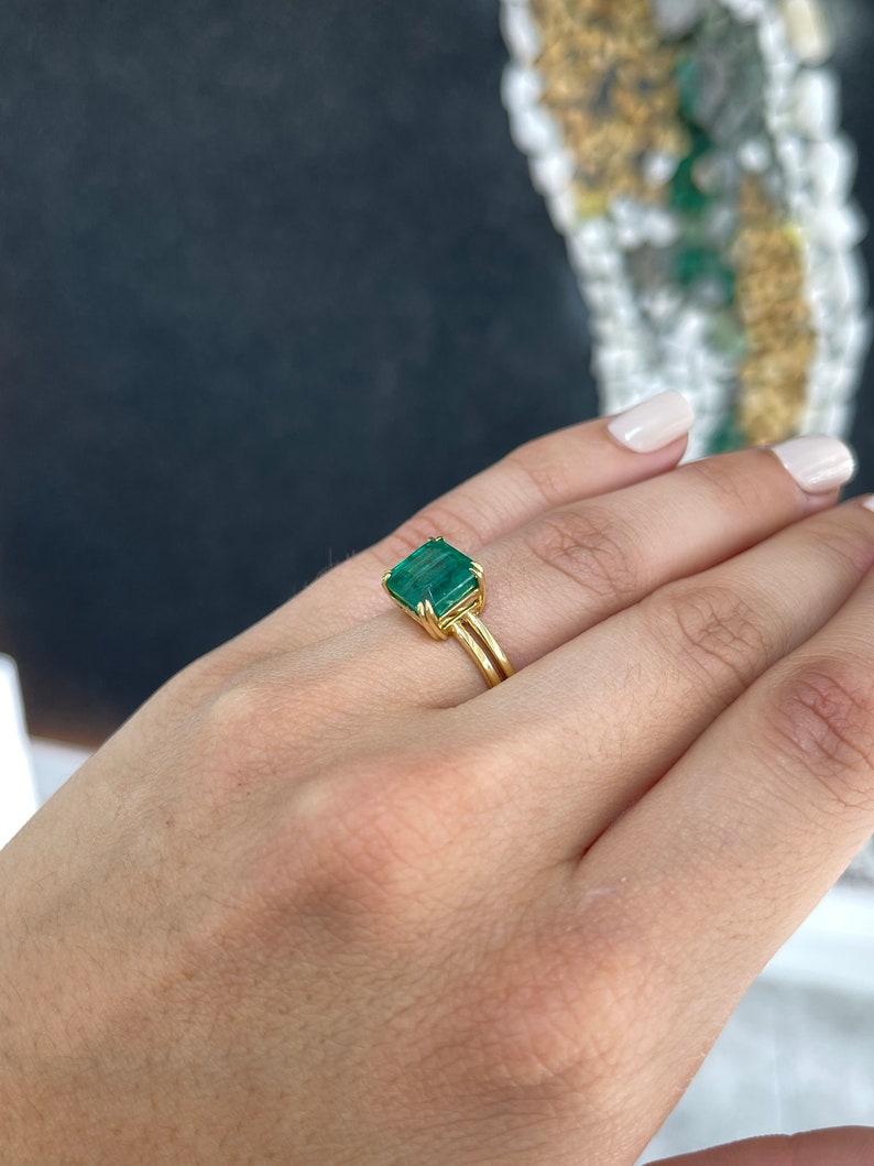 4.20ct 18K Gold AAA Quality Asscher Cut Double Claw Prong Emerald Solitaire Ring - JR Colombian Emeralds