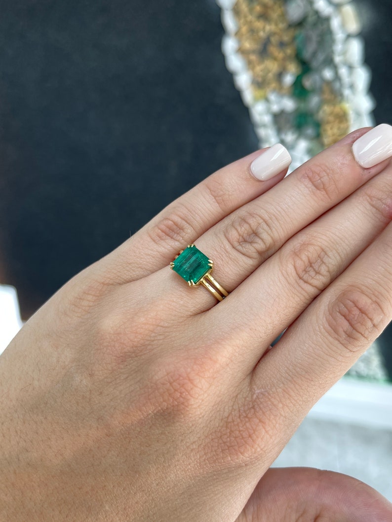 4.20ct 18K Gold AAA Quality Asscher Cut Double Claw Prong Emerald Solitaire Ring - JR Colombian Emeralds