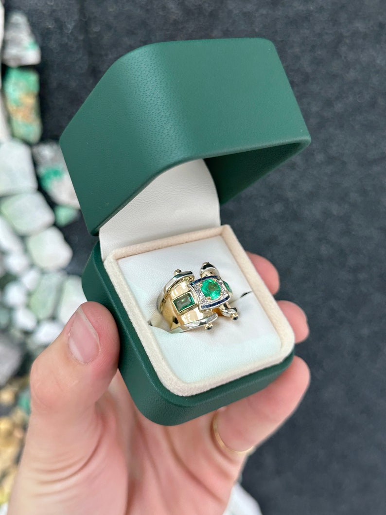 2.87tcw 14K Multi-Gemstone Vivid Electric Green Emerald Diamond & Sapphire Cabochon Unisex Ring