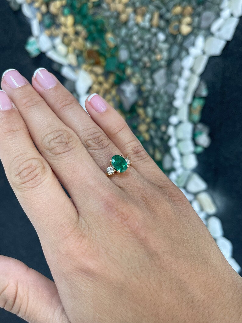 2.60tcw 14K Gold Lush Dark Green Oval Cut Emerald & Brilliant Round Diamond 3 Stone Engagement Prong Ring - JR Colombian Emeralds