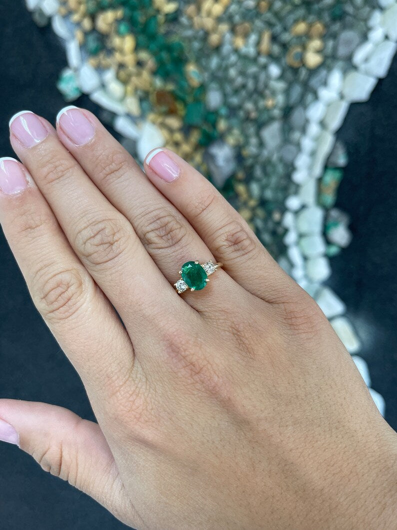 2.60tcw 14K Gold Lush Dark Green Oval Cut Emerald & Brilliant Round Diamond 3 Stone Engagement Prong Ring - JR Colombian Emeralds