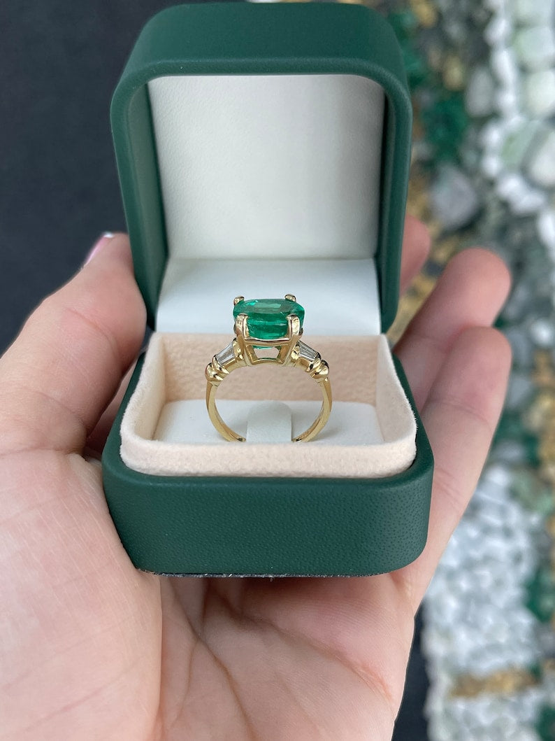 5.22tcw 18K AAA Cushion Cut Emerald & Tapered Baguette Diamond 4 Prong Engagement Ring - JR Colombian Emeralds