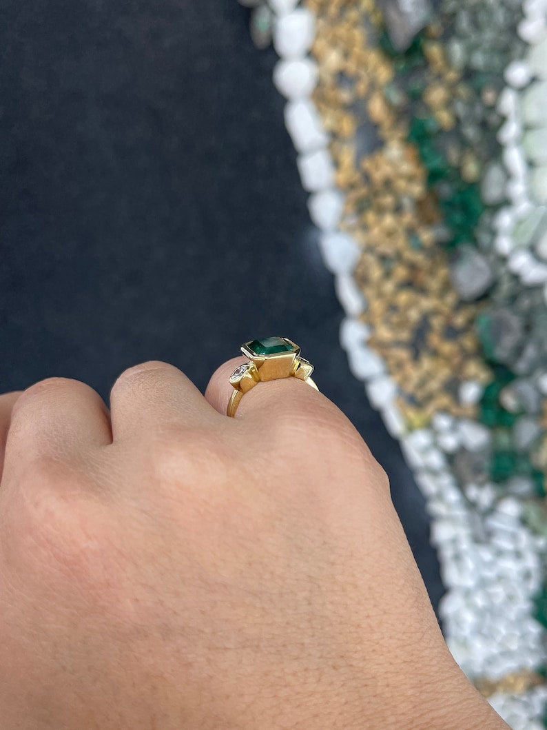 4.14tcw 18K Gold Deep Alpine Green Emerald & Diamond Three Stone Right Hand Engagement Ring