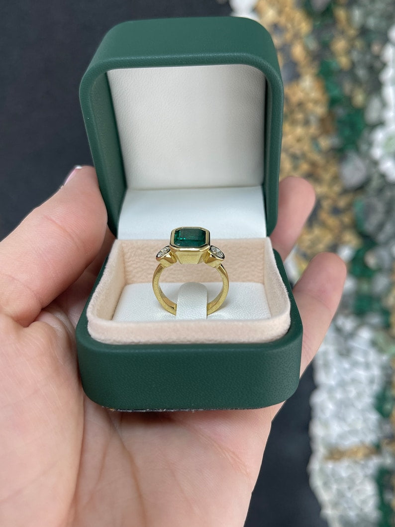 4.14tcw 18K Gold Deep Alpine Green Emerald & Diamond Three Stone Right Hand Engagement Ring - JR Colombian Emeralds