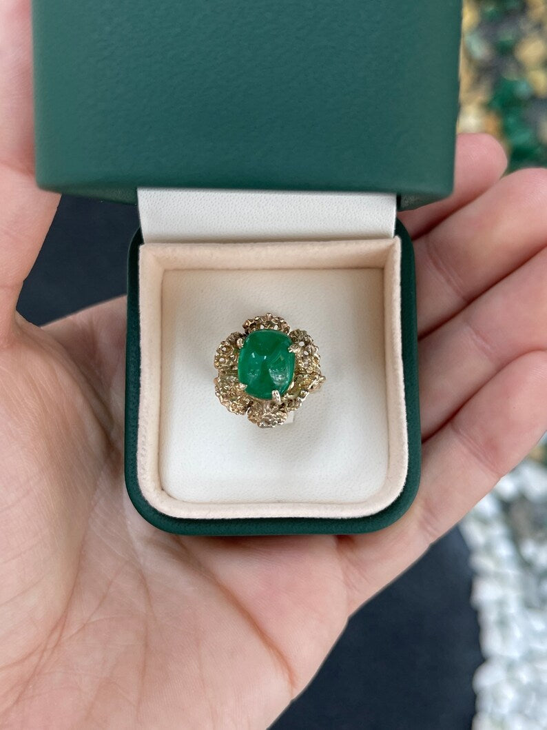 4.65ct 14K Gold Dark Green Sugarloaf Cabochon Emerald Solitaire Floral 585 Gold Ring - JR Colombian Emeralds