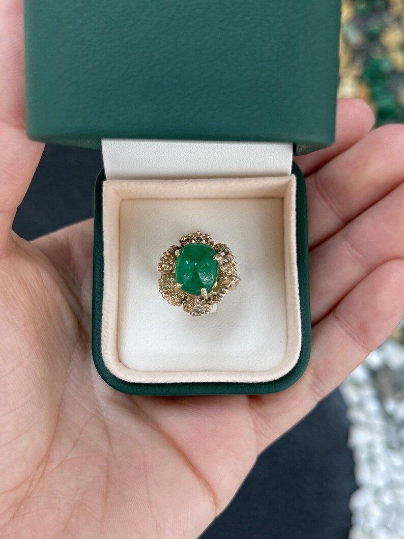 4.65ct 14K Gold Dark Green Sugarloaf Cabochon Emerald Solitaire Floral 585 Gold Ring
