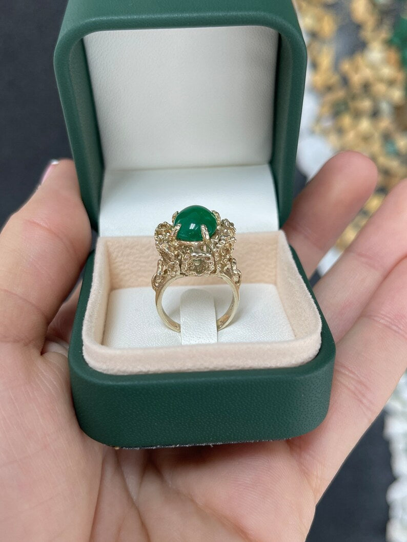 4.65ct 14K Gold Dark Green Sugarloaf Cabochon Emerald Solitaire Floral 585 Gold Ring - JR Colombian Emeralds