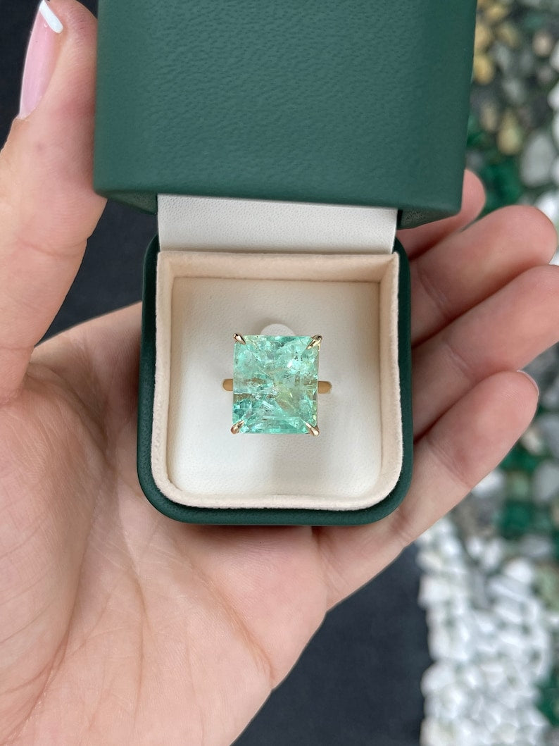 17.80ct 14K Natural Light Spring Green Large Emerald Cut Four Prong Solitaire Ring - JR Colombian Emeralds