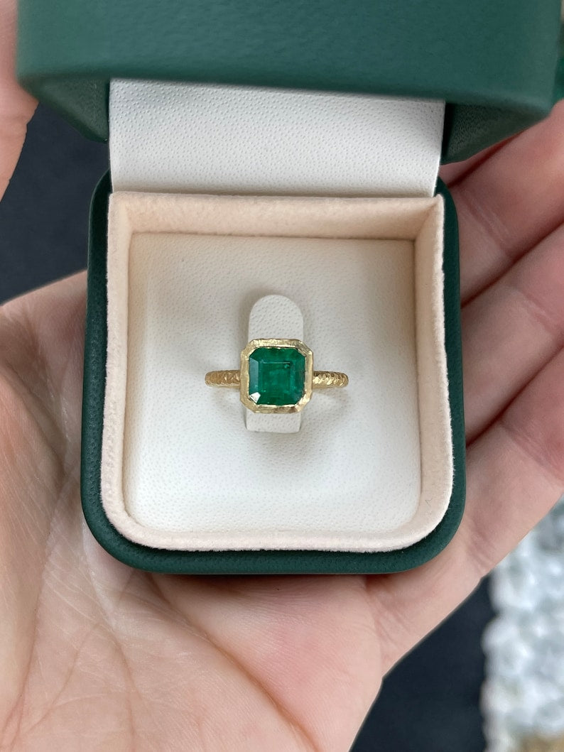 2.05ct 18K Fine Quality Asscher Cut Rich Dark Green Emerald Solitaire Matte Hammered Finish Gold Ring - JR Colombian Emeralds