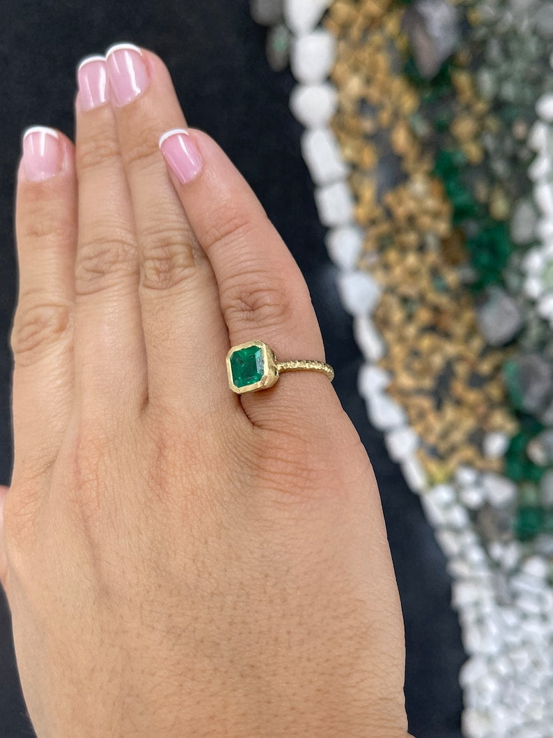 2.05ct 18K Fine Quality Asscher Cut Rich Dark Green Emerald Solitaire Matte Hammered Finish Gold Ring - JR Colombian Emeralds