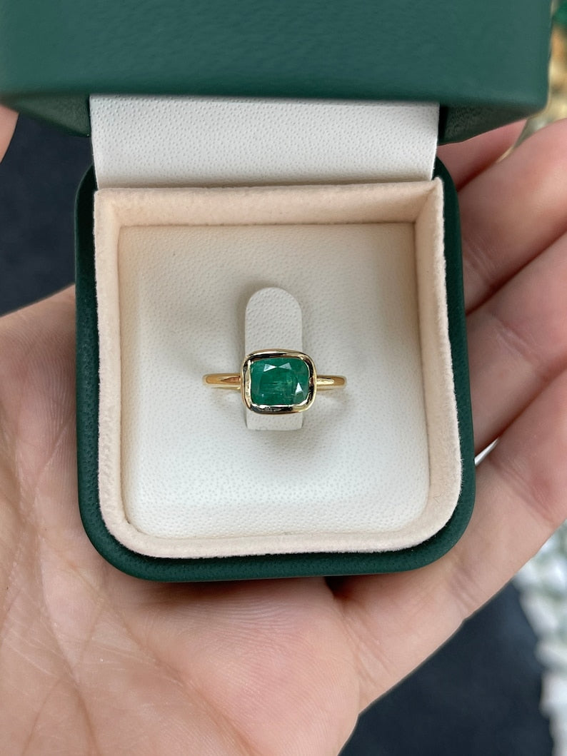 1.68ct 14K Gold Dark Green Cushion Cut Emerald Open Back Right Hand Solitaire Ring - JR Colombian Emeralds