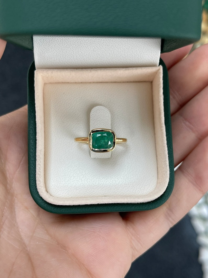 1.68ct 10K Gold Dark Green Cushion Cut Emerald Open Back Right Hand Solitaire Ring