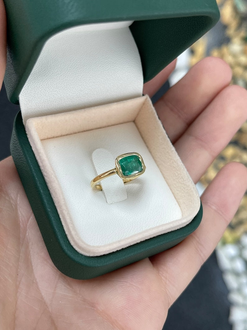 1.68ct 14K Gold Dark Green Cushion Cut Emerald Open Back Right Hand Solitaire Ring - JR Colombian Emeralds