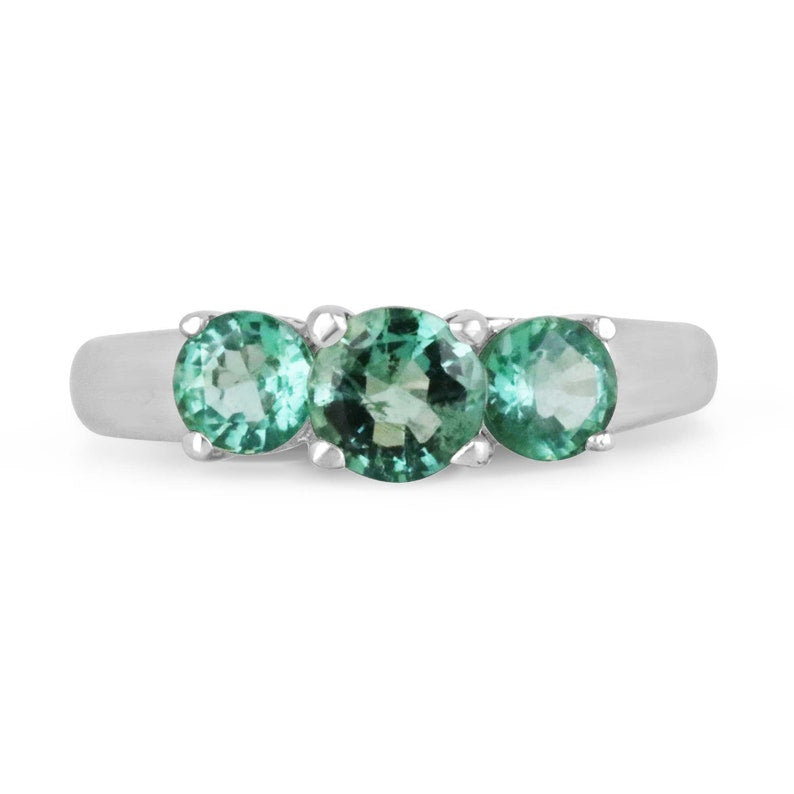 Emerald Medium Green Round Cut 3 Stone Trilogy Statement Ring