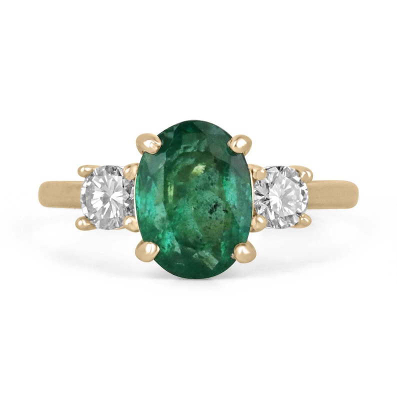 Emerald & Brilliant Round Diamond 3 Stone Engagement Prong Ring