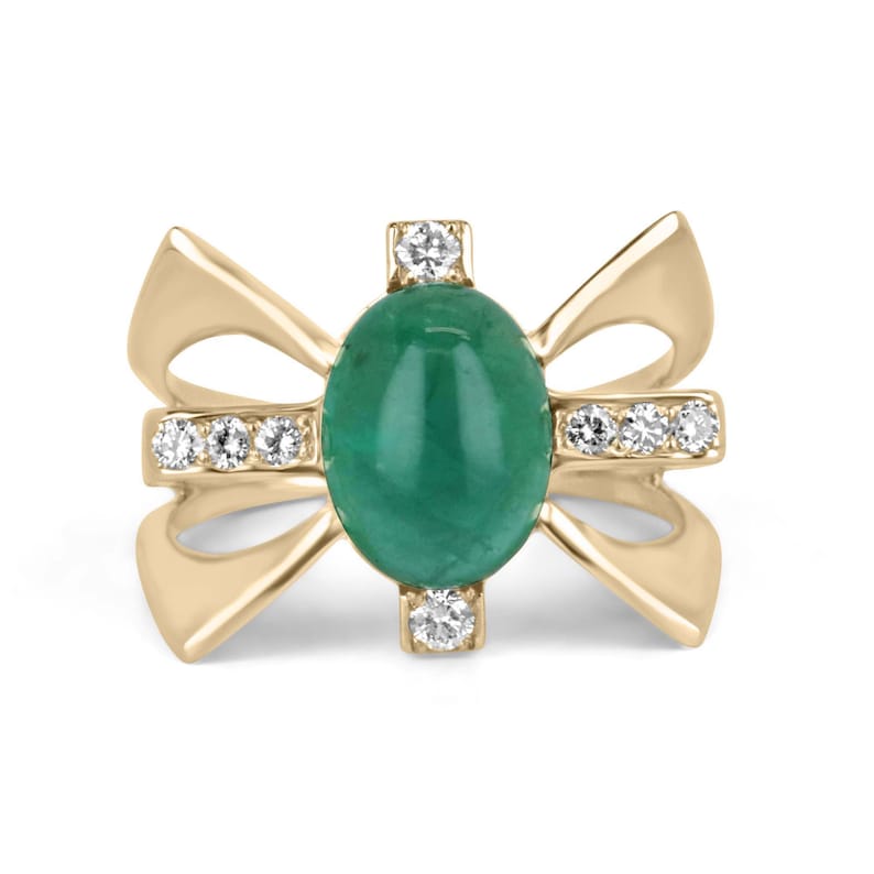 Striking 14K Gold Star Design Ring with 5.12 Carat Natural Green Cabochon Emerald and Diamond Accents