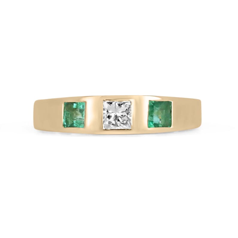 Princess Asscher Cut Diamond Emerald 3 Stone Gold Ring