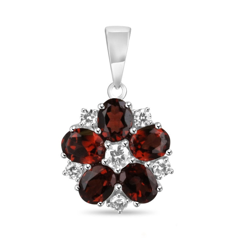 Striking 1.17 Carat Total Weight Dark Orangy-Red Garnet Pendant in 14K White Gold with Brilliant Round Cut Diamond Accents