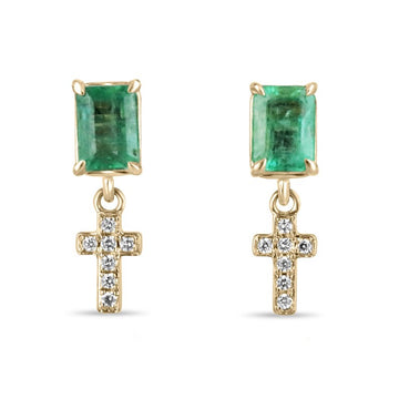 1.65tcw 14K Gold Emerald & Diamond Cross Dangle Stud Earrings
