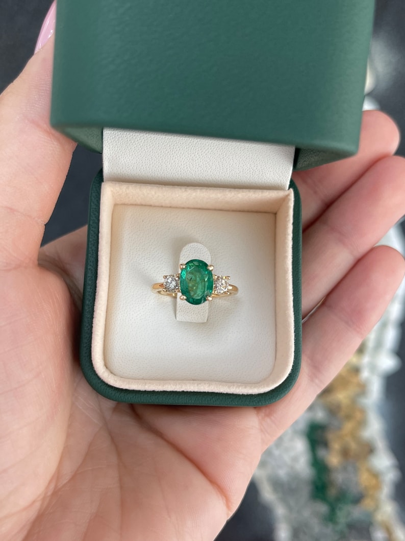 2.60tcw 14K Gold Lush Dark Green Oval Cut Emerald & Brilliant Round Diamond 3 Stone Engagement Prong Ring - JR Colombian Emeralds