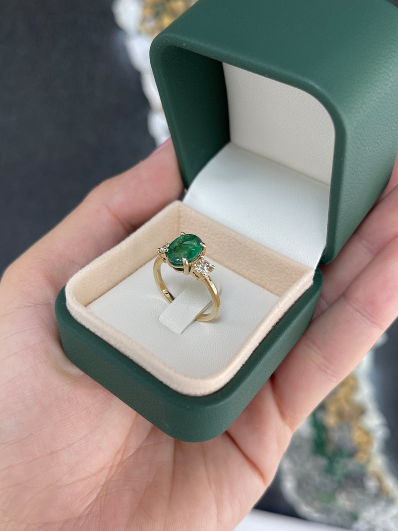 2.60tcw 14K Gold Lush Dark Green Oval Cut Emerald & Brilliant Round Diamond 3 Stone Engagement Prong Ring - JR Colombian Emeralds