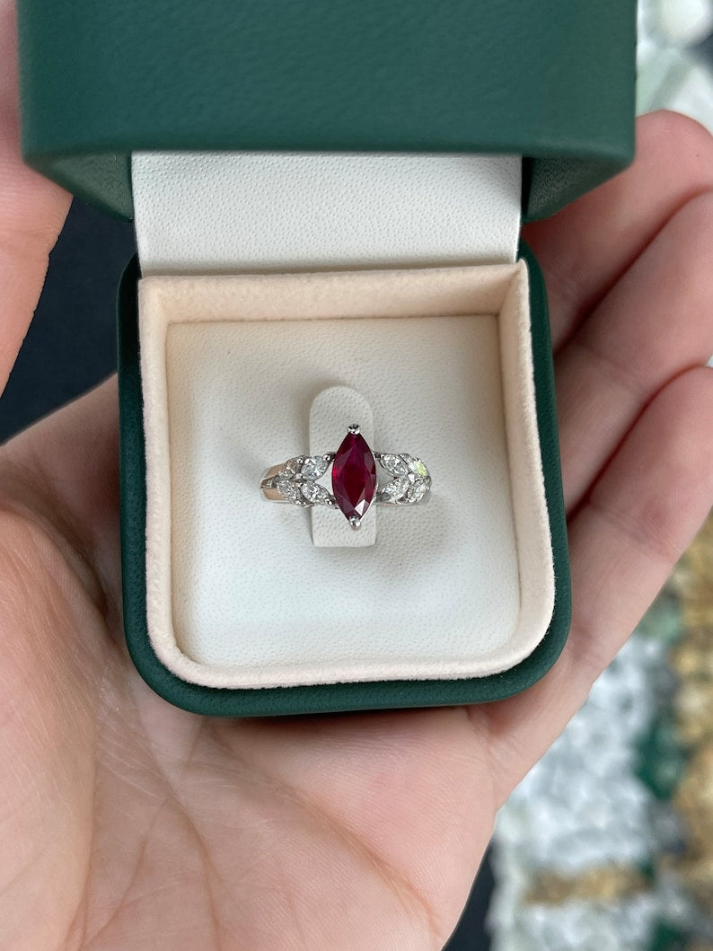 1.58tcw 18K Gold Luxurious Blood Dark Red Ruby 750 Marquise Cut & Diamond Ring - JR Colombian Emeralds