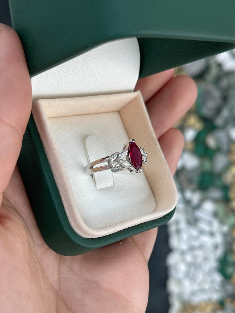 1.58tcw 18K Gold Luxurious Blood Dark Red Ruby 750 Marquise Cut & Diamond Ring - JR Colombian Emeralds